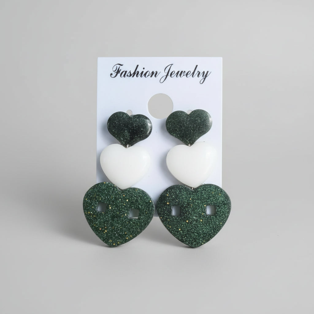 Emerald green and white heart stud earrings
