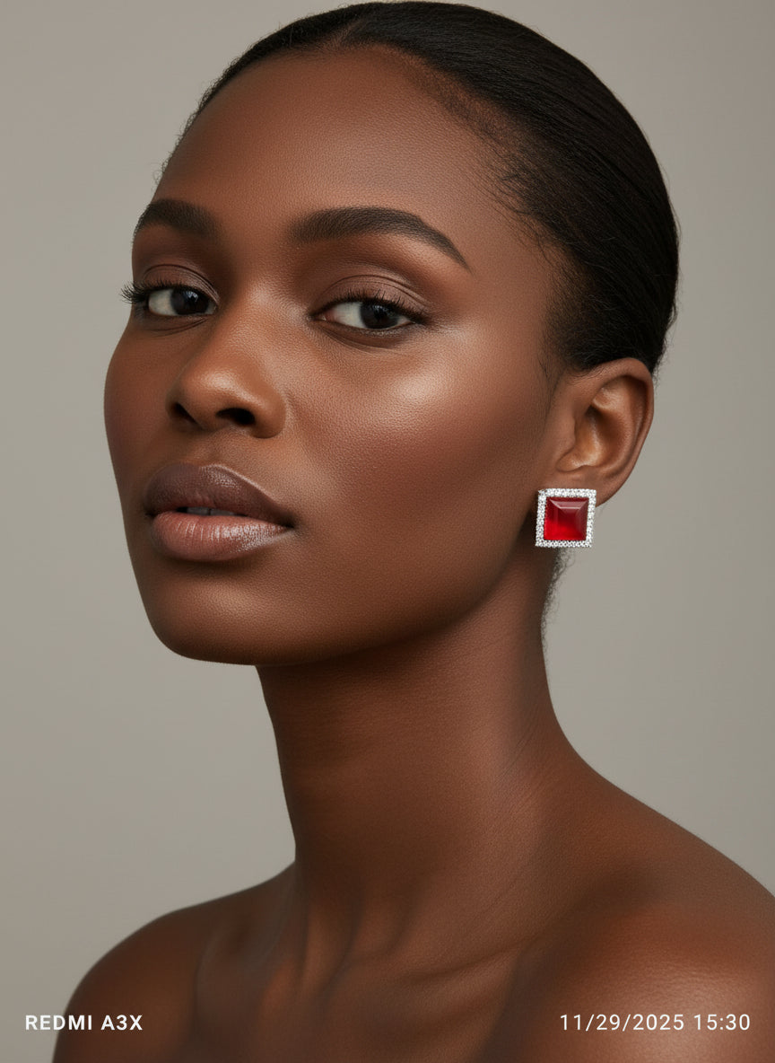 Red square earrings with silver borders 