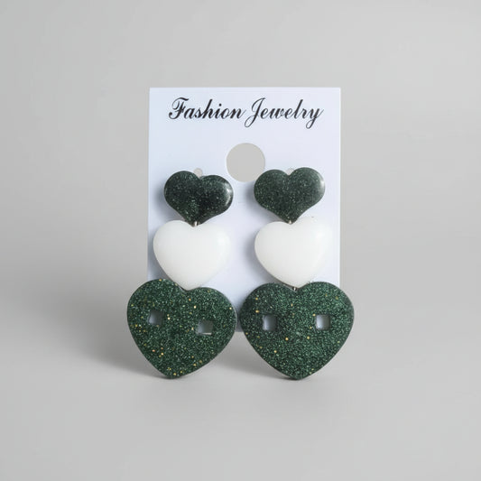 Emerald green and white heart stud earrings
