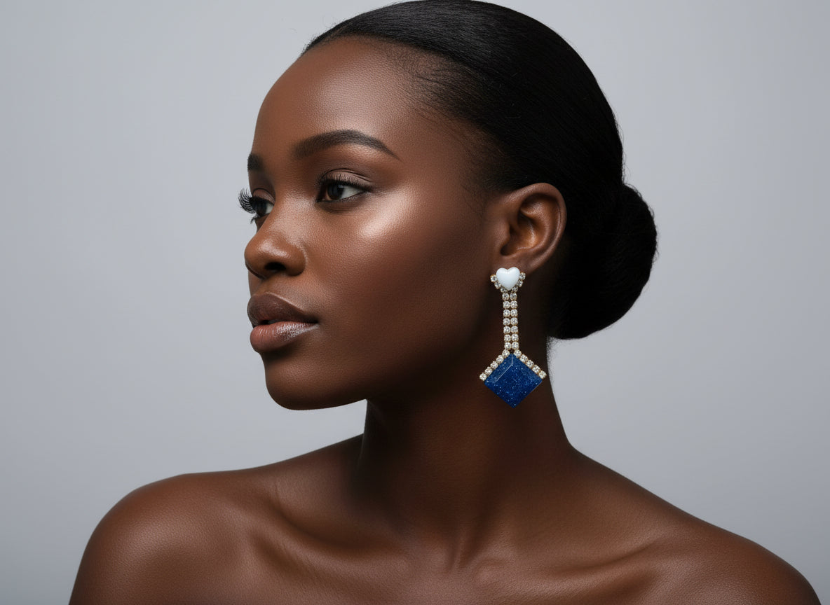 Blue square earrings with gold accents 